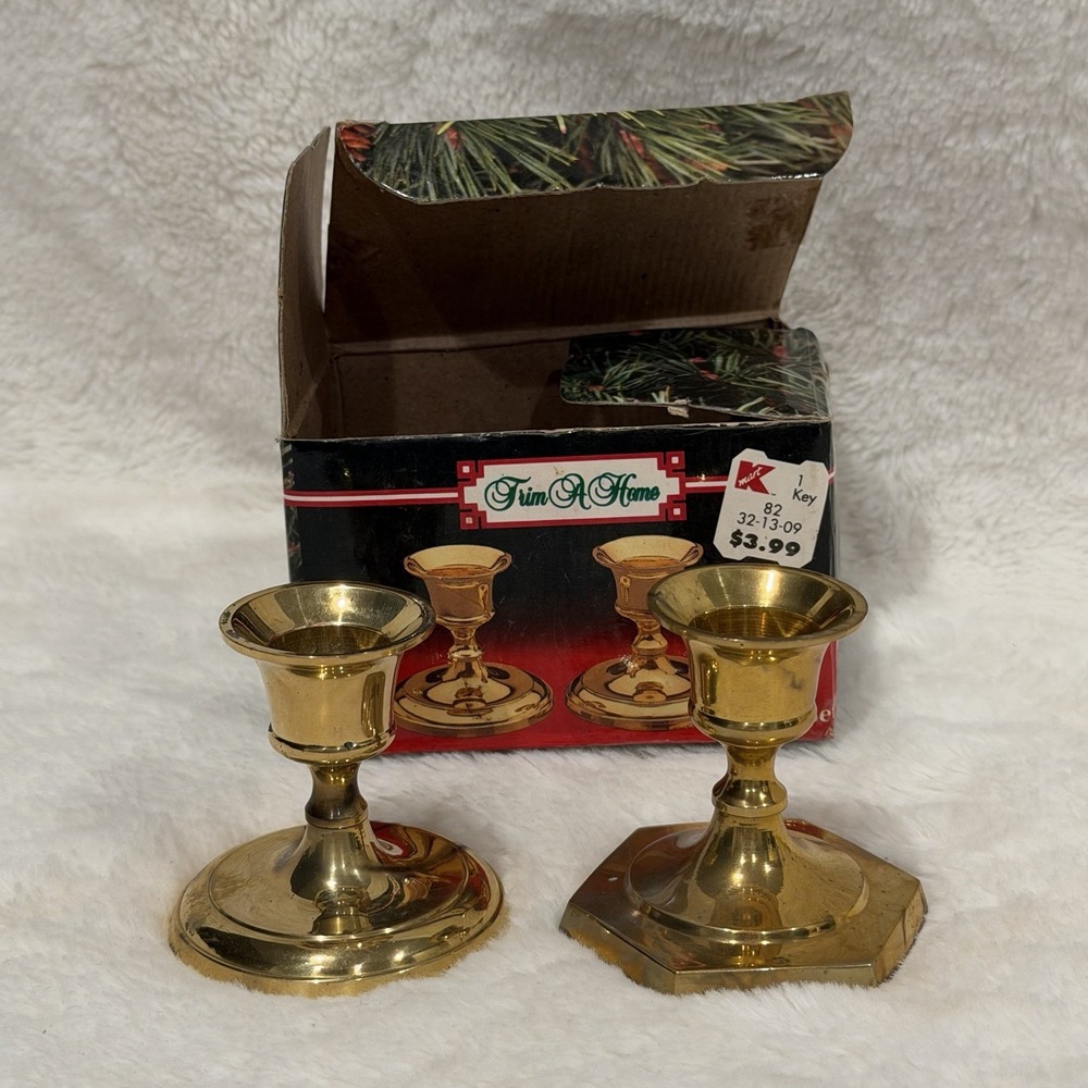 Vintage Set of 2 Mid-Century Solid Polished Brass Candlestick Candle Holders MCM